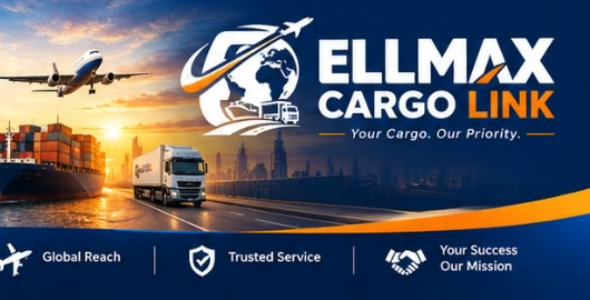 Ellmax Cargo Link truck and container ship at sunset, on the road to delivery