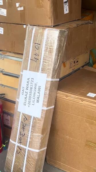 Cargo crate labelled for delivery in Lilongwe, Malawi
