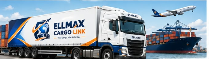 Ellmax Cargo Link branded truck with a container ship and cargo plane